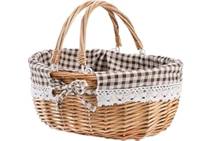Peohud Wicker Picnic Basket with Double Folding Handles, Empty Baskets for Gifts, Woven Easter Basket, Willow Picnic Hamper Garden Harvest Basket for Easter Egg Gathering, Candy, Toys, Wedding
