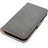 Porter Riley - Leather Case Compatible with iPhone 16 Pro. Premium Genuine Nubuck Leather Book/Wallet/Book Case with Card Slots and Horizontal Stand (Grey, Pink)