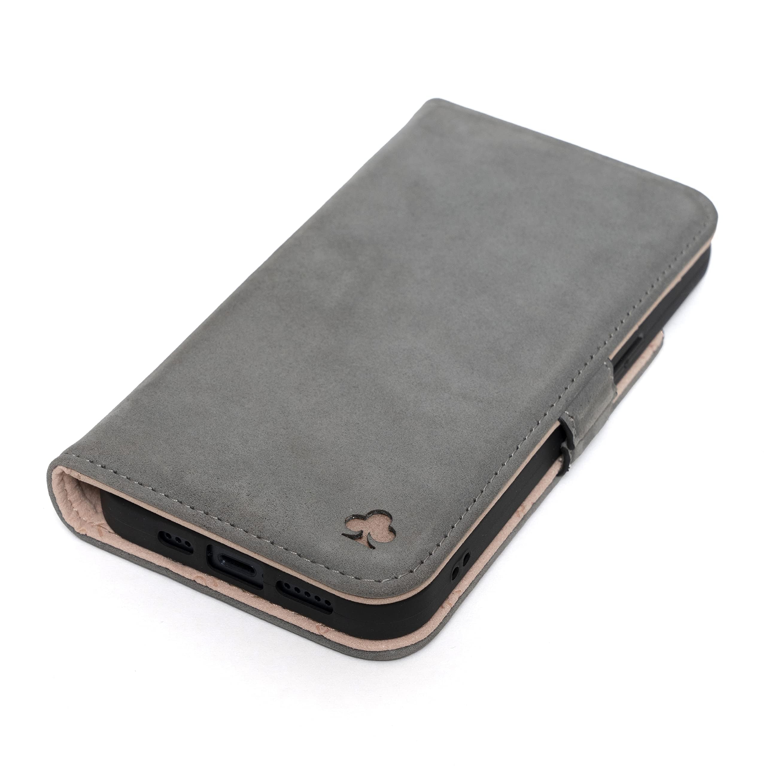 PORTER RILEY - Leather Case Compatible with iPhone 16. Premium Nubuck Genuine Leather Stand/Cover/Wallet/Flip Case with Card Slots & Horizontal Stand (Grey, Pink)