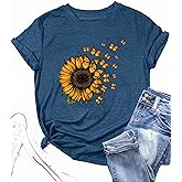 Women Sunflower Butterfly Shirts Boho Flower Print Tshirt Graphic Summer Short Sleeve Tees Casual Crewneck Tops