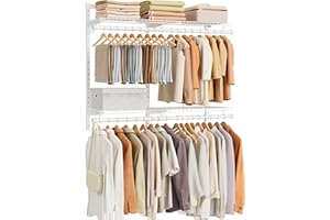 SONGMICS HOME Closet System, Closet Insert Organizer, 4-6 ft, Adjustable Metal Shelving Unit with 4 Hanging Rods, 4 Shelves, and Hooks, for Pantry Mudroom Garage Basement, Cloud White URGR031W01