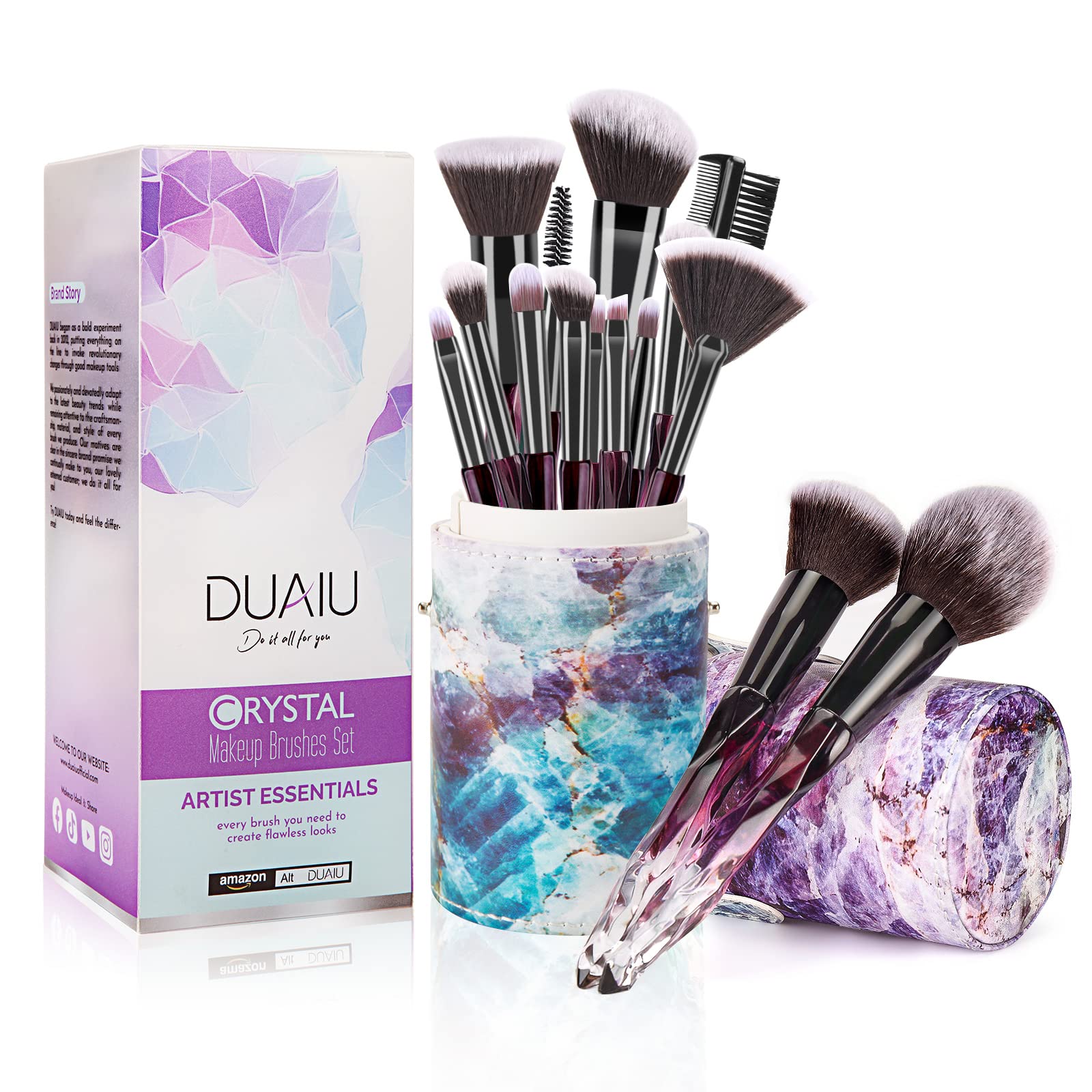 DUAIU Makeup Brushes 15pcs Premium Synthetic Bristles Crystal Handle Set Kabuki Foundation Brush Face Lip Eye Makeup Brush Sets Professional with Starry Gift Box(Purple)