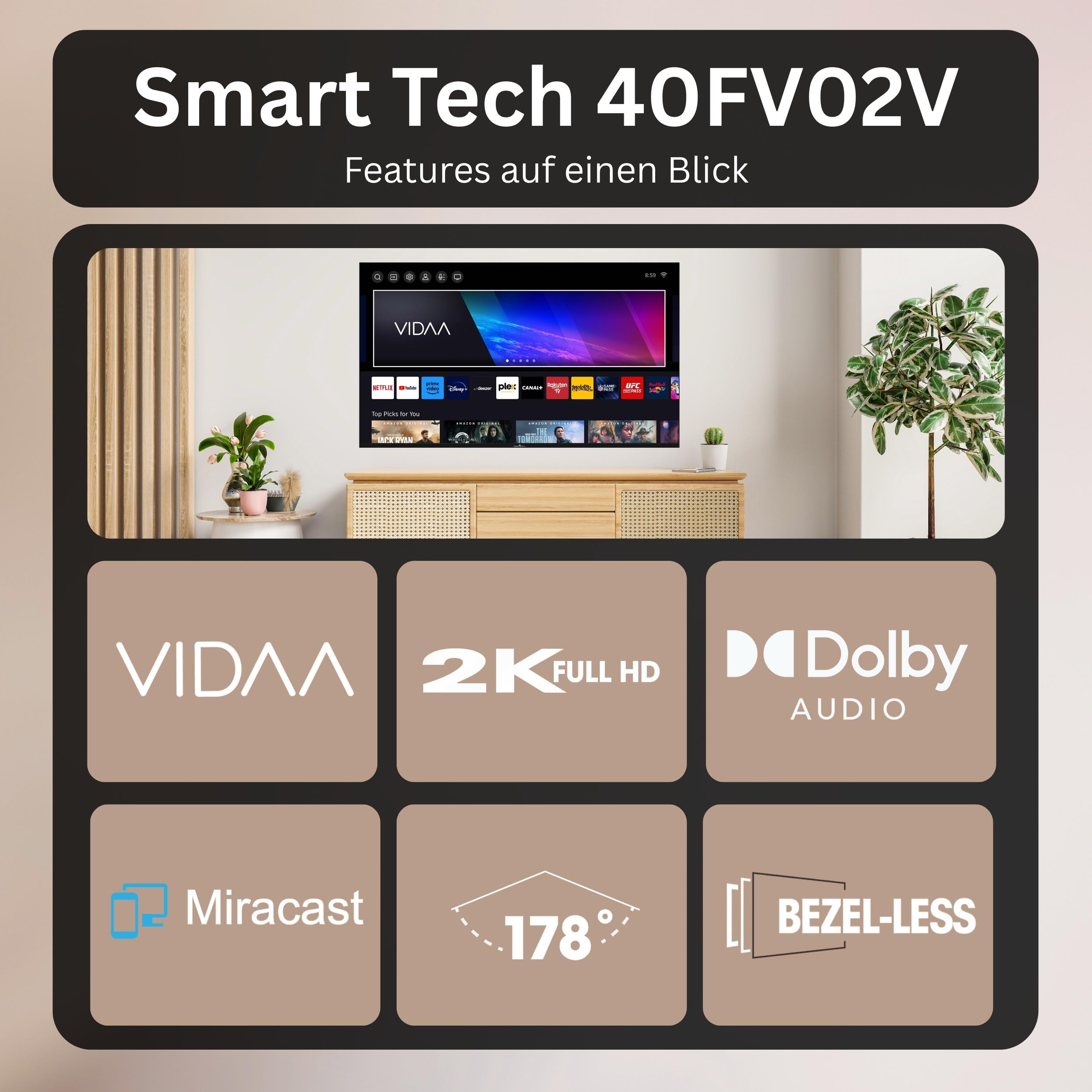 Smart Tech 40FV02V Fernseher 40 Zoll Smart TV VIDAA - Fernseher mit Full HD Auflösung, Bluetooth und Triple-Tuner, LED TV (2026) 6