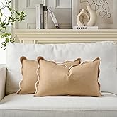 Mayler Yee Scalloped Pillow Covers Set of 2 for Living Room | Decorative Sofa Couch Lumbar Pillows | Boho Sytle Decorative Home | Aesthetic Funky Preppy Pillow Cases (Khaki & White, 12x20 Inch)