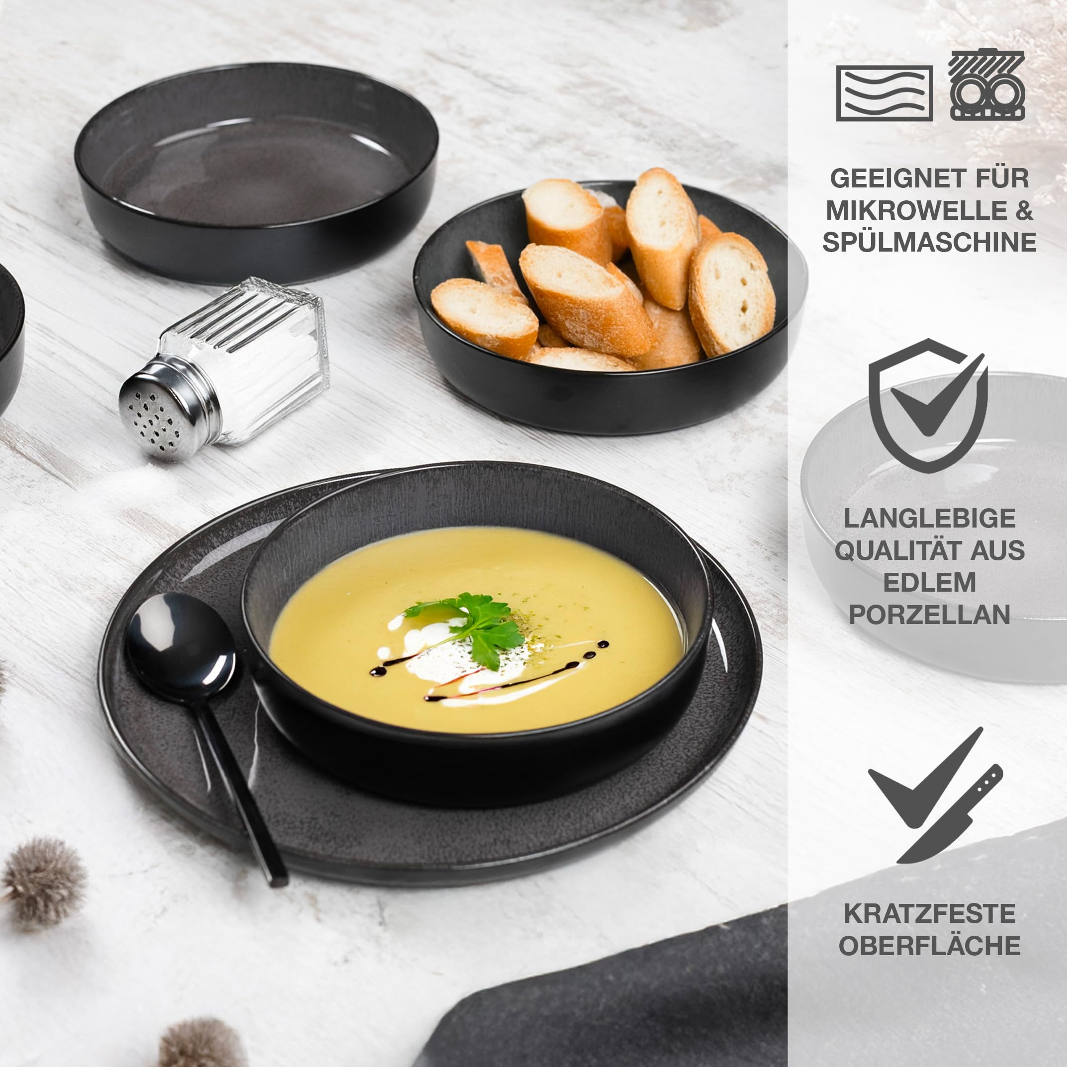 Moritz & Moritz VIDA Geschirrset 6 Personen Anthrazit 18-tlg. - Modernes Porzellan Geschirr Set - Kratz-, Mikrowellen- & Spülmaschinenfest, Essgeschirr, Tafelservice, Kombiservice 6 Personen 5