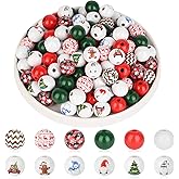 150 Pieces Christmas Wooden Beads Xmas Decorations DIY Craft Wood Bead Snowman gnome Gingerbread Candy Deer Spacer Bubblegum Beads Bulk for Tree Hanging Garland Jewelry Making Home Decor