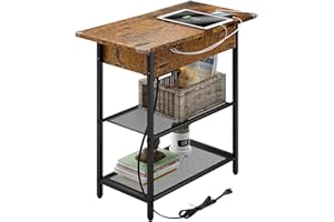 SAUCE ZHAN Sofa Side Table with USB Ports and Outlets, Narrow End Table with Storage Shelf for Small Spaces Bedside Nightstand with Charging Station for Living Room, Bedroom, Brown