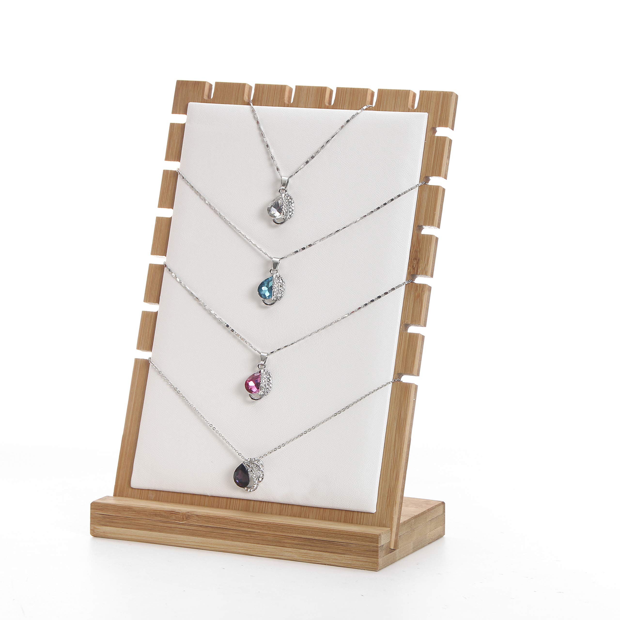 Bocar Bamboo Jewelry Display Stand Showcase for Pendant Necklace (1, white leather)
