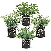 Mkono 4 Packs Small Fake Plants in Farmhouse Galvanized Pots Table Centerpiece Mini Potted Artificial Plants Faux Eucalyptus for Shelf Office Rustic Home Decor (Black, Mini-6" H)