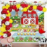Fiesec Farm Party Decorations, Farm Animal Themed Birthday Party Decorations Backdrop Balloon Arch Garland Banner Tablecloth Cake Cupcake Topper Barn Animals Red Yellow