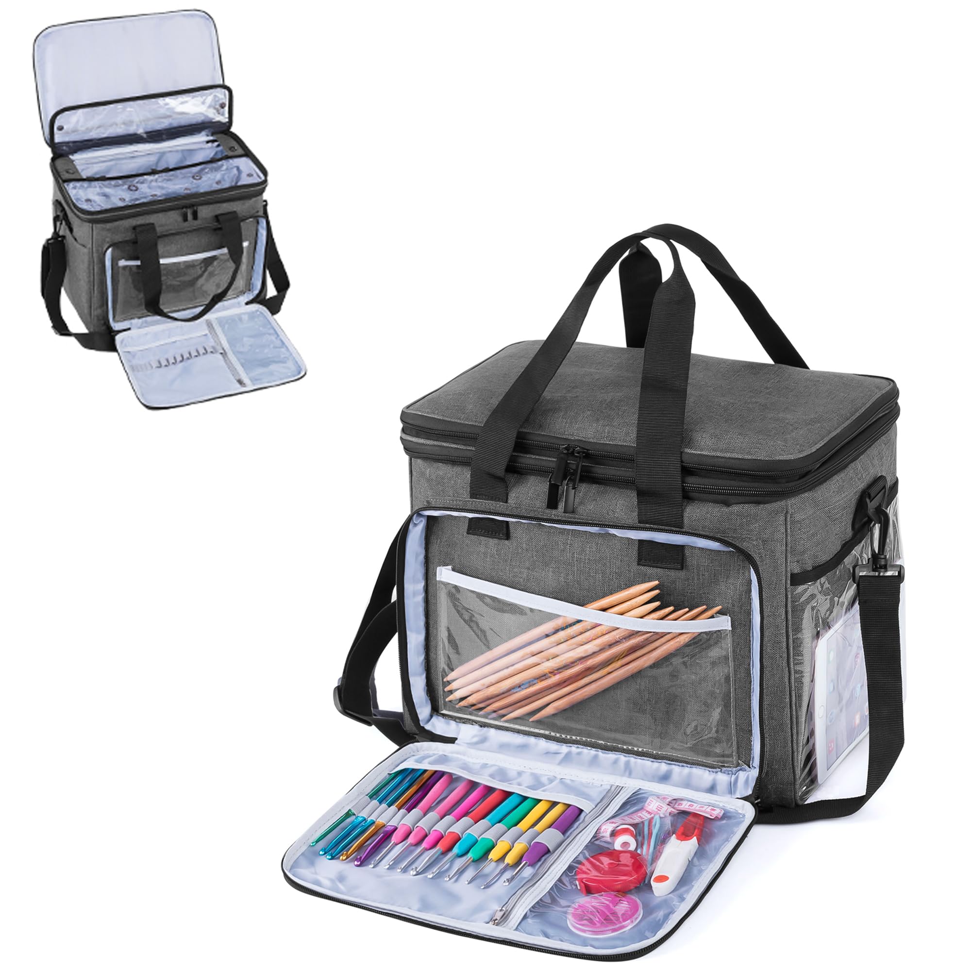 Teamoy Knitting Bag, Yarn Storage Tote Crochet Bag with Nylon Zippered Cover, Multiple Inner Divider for Yarn and Unfinished Project, Crochet Hooks and Accessories,Gray