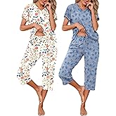 Marvmys Womens 2 Pack Pajama Sets Short Sleeve Pajamas Tops and Capri Pants Pjs Print Lounge Sets with Pockets S-3XL