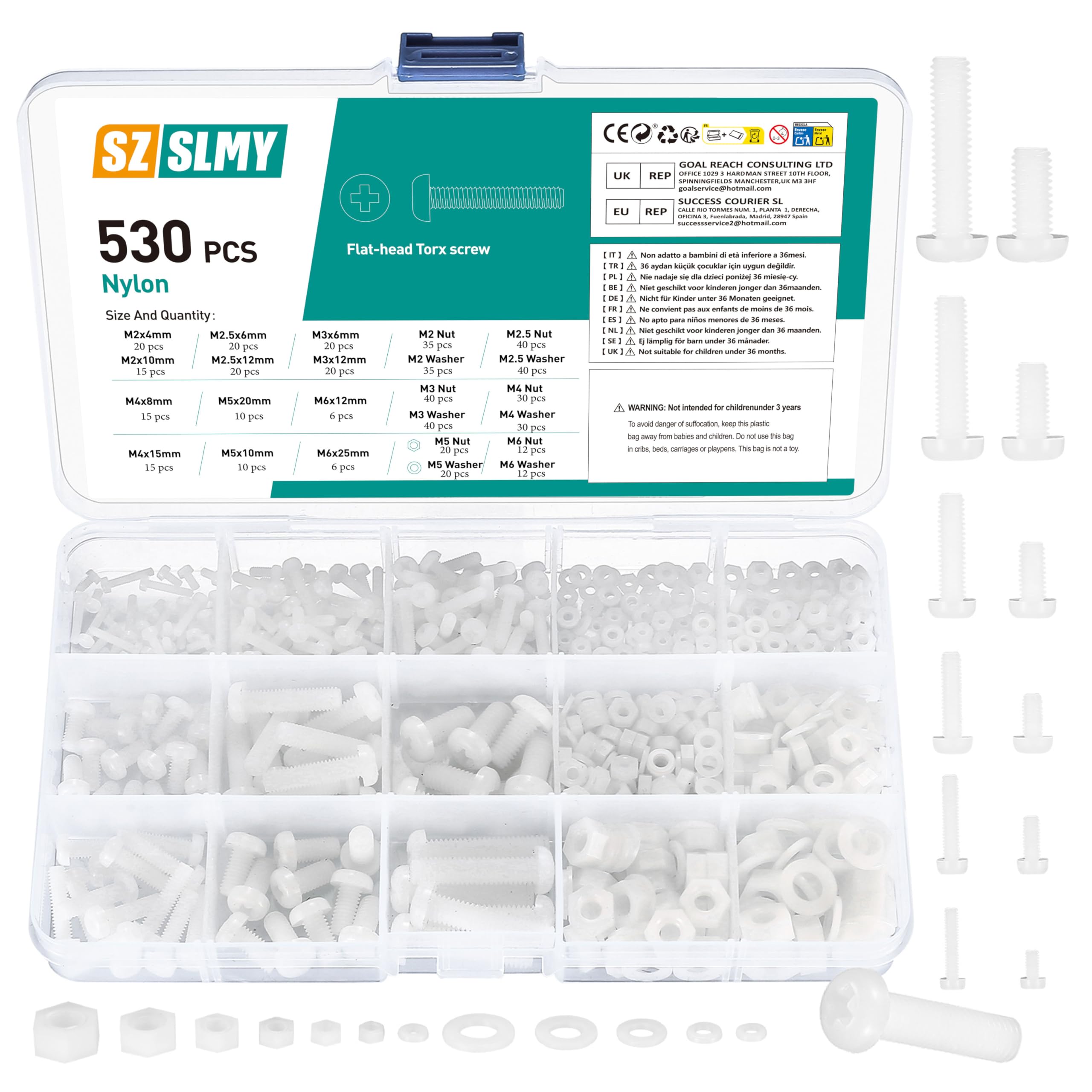 "Nylon Bolts and Nuts Set, 530 Pcs Flat Round Head Hexagon Screws and Washers, White Machine Bolts for Electrical Mechanical - M2/M2.5/M3/M4/M5/M6"