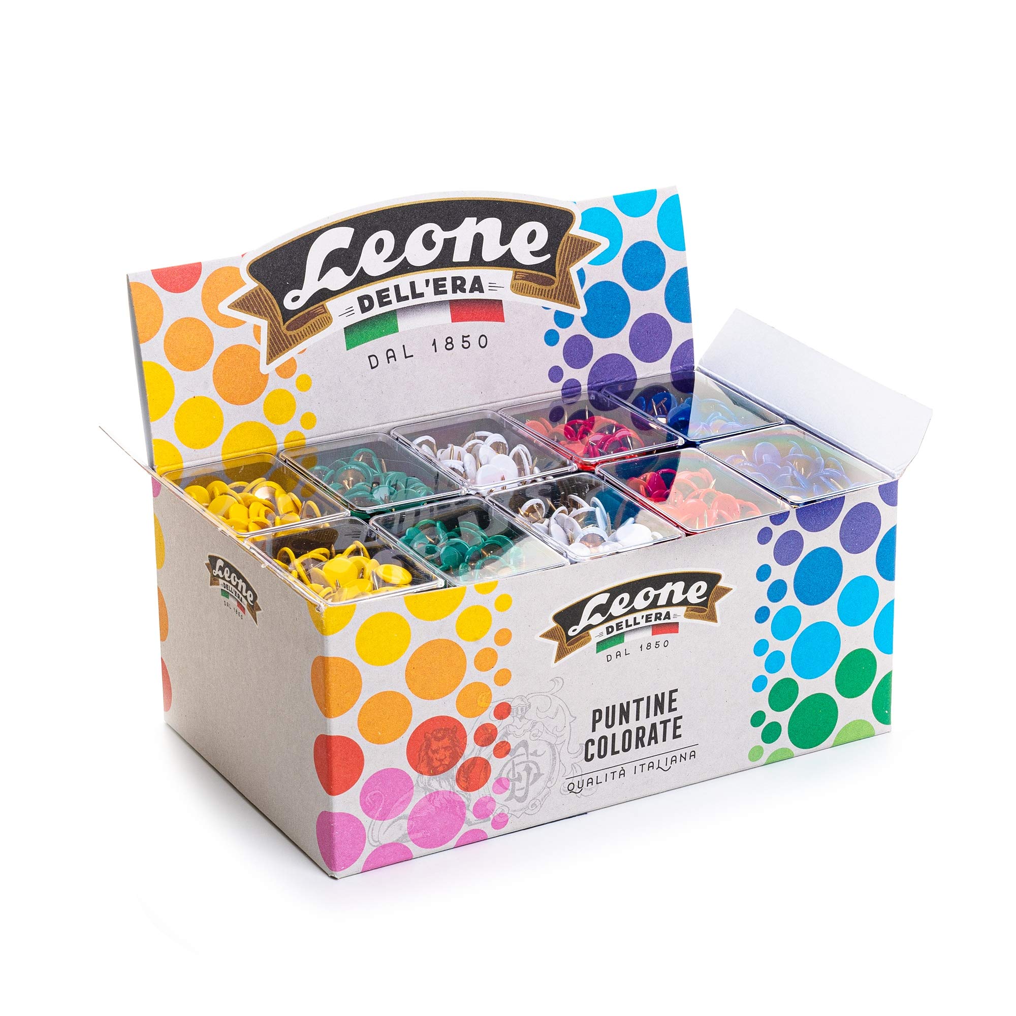 2,500 Coloured Drawing Pins Leone Dell'Era - Bench Display with 50 Boxes of 50 Assorted Colours - Made in Italy