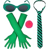 Eybila 4 Pcs Halloween Costume Accessories Stripe Tie Green Sunglasses Long Gloves Pink Pom Pom Balls Pin Cosplay Party