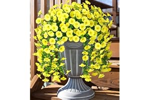 Ivydale 2 PCS Artificial Hanging Flowers Fake Plants Outdoor,Silk Morning Glory Faux Flowers with Eucalyptus Leaves,UV Resistant Realistic Hanging Petunias Plants for Home Garden Decor (Yellow)
