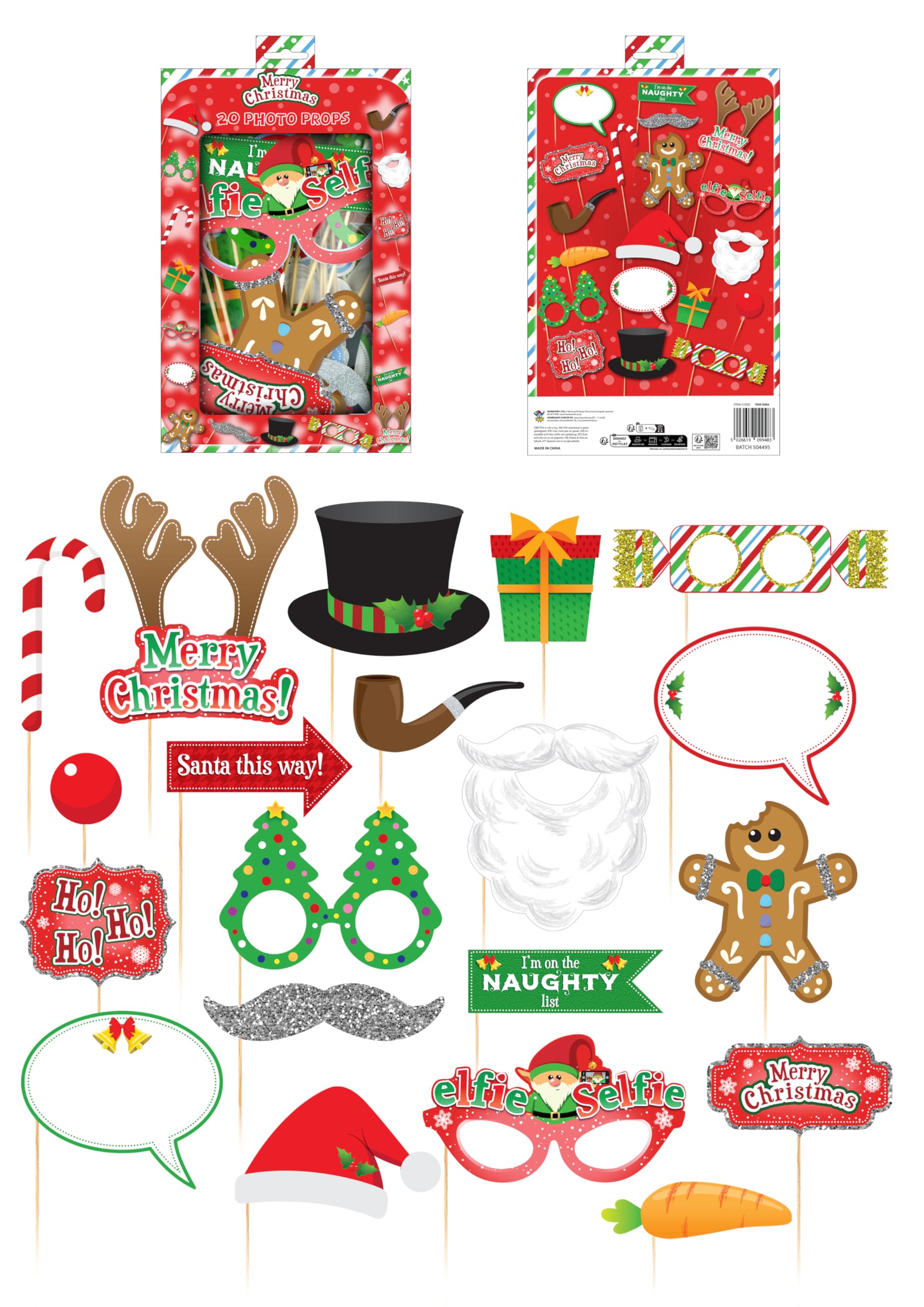 Henbrandt 1 x Pack of 20 Christmas Party Photo Booth Props with Wooden Sticks Selfie and Photobooth Party Props Xmas Holiday Photograph Accessories Family Fun Supplies Set Christmas Decorations