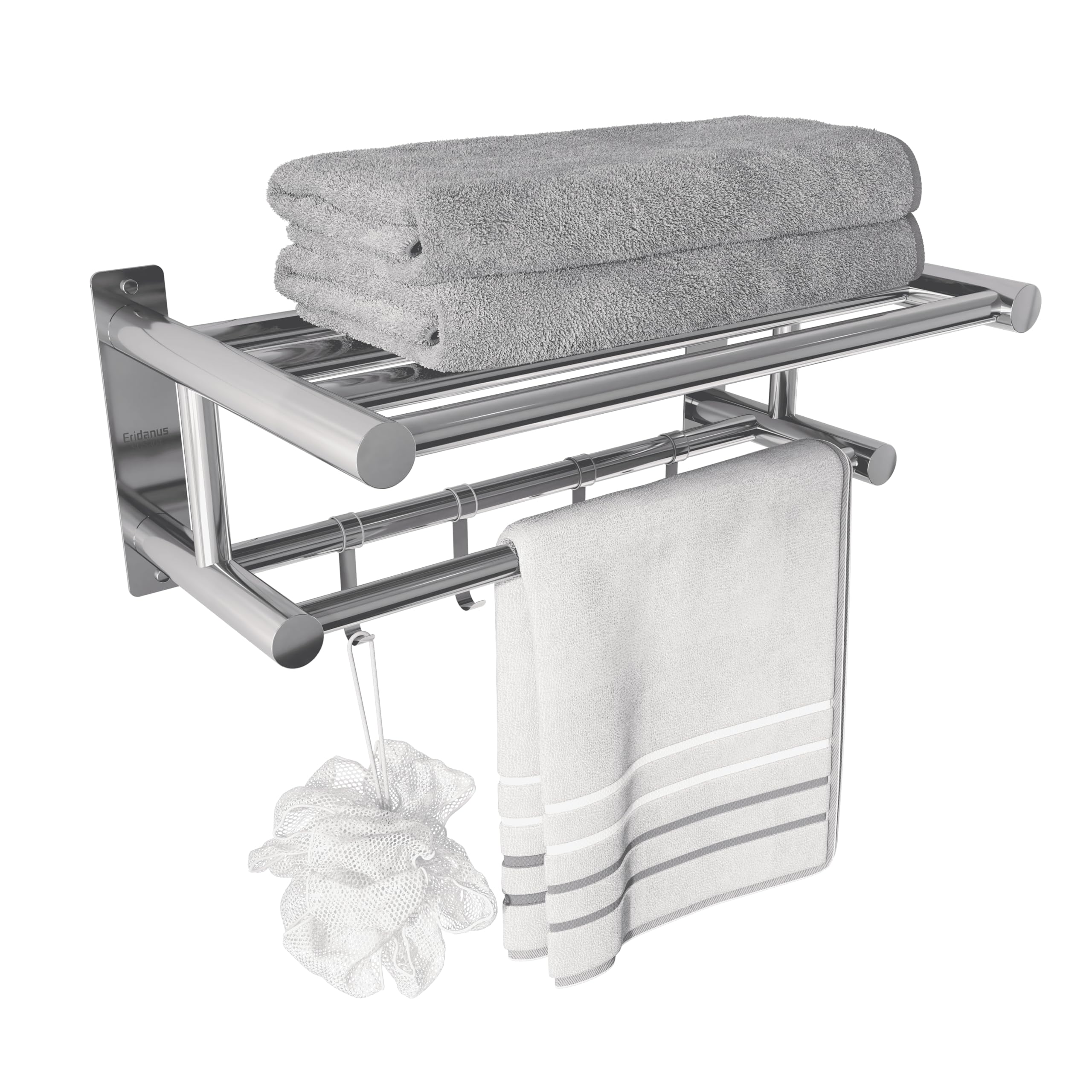 Eridanus Bathroom Towel Rail with Shelf, 40cm Wall Mounted Chrome Towel Rack with 4 Sliding Hooks, Double Layer Stainless Steel Towel Shelf, Hotel Style Shower Organiser
