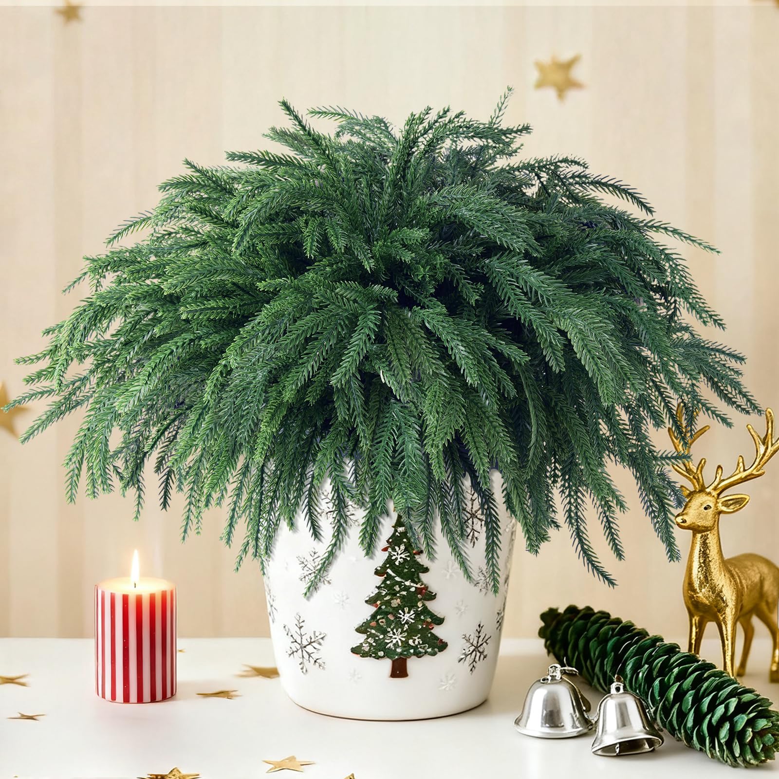 View 1 of 16 Pcs Artificial Christmas Norfolk Pine Stems Branches, 16” Real Touch Fake Christmas Greenery Stems, Faux Cedar Branch Picks for Vase DIY Crafts Garland Wreath Xmas Indoor Outdoor Home Decor