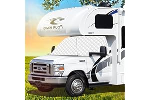 LATCH.IT RV Front Windshield Cover Class C | Front Motorhome, Trailer and Camper Windshield Cover w/Mirror Cutouts & Corner Bands | Compatible for Ford 1997‑2025 | RV Wind Shield Sunshade