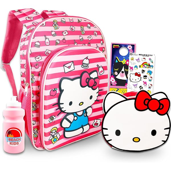 Hello Kitty Zaino per la scuola - Bundle con zaino da scuola Hello Kitty da 40,6 cm con tasca frontale più adesivi Hello Kitty e bottiglia d'acqua, altro | Zaino Hello Kitty per ragazze, Hello Kitty