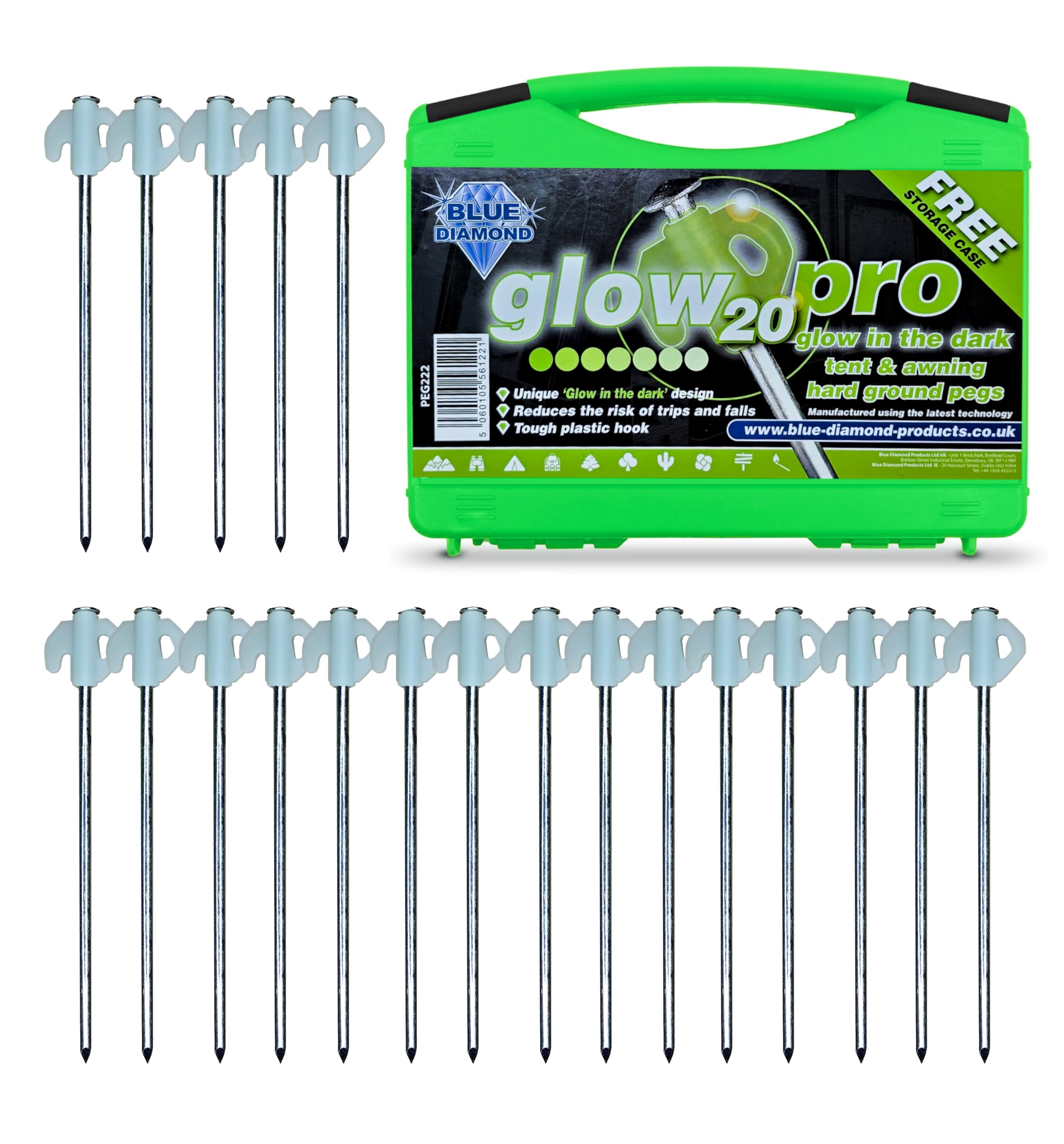 Blue Diamond Glow Tent Pegs - Pack of 20 | Heavy Duty Hard Ground Tent Pegs, Camping Pegs | Rustproof Galvanized Steel | Glow in the Dark | (Carry Case)