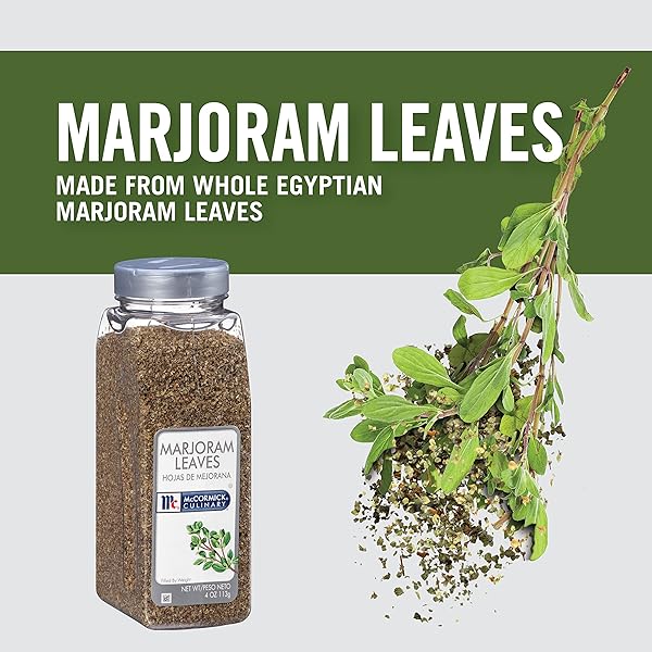 MCCORMICK CULINARY MARJORAM LEAVES, 4 OZ – ONE 4 OUNCE CONTAINER OF MARJORAM SPICE FOR A BITTER, MINTY FLAVOR, IDEAL IN STEWS, SALADS, PORK AND BEEF DISHES AND SAUCES