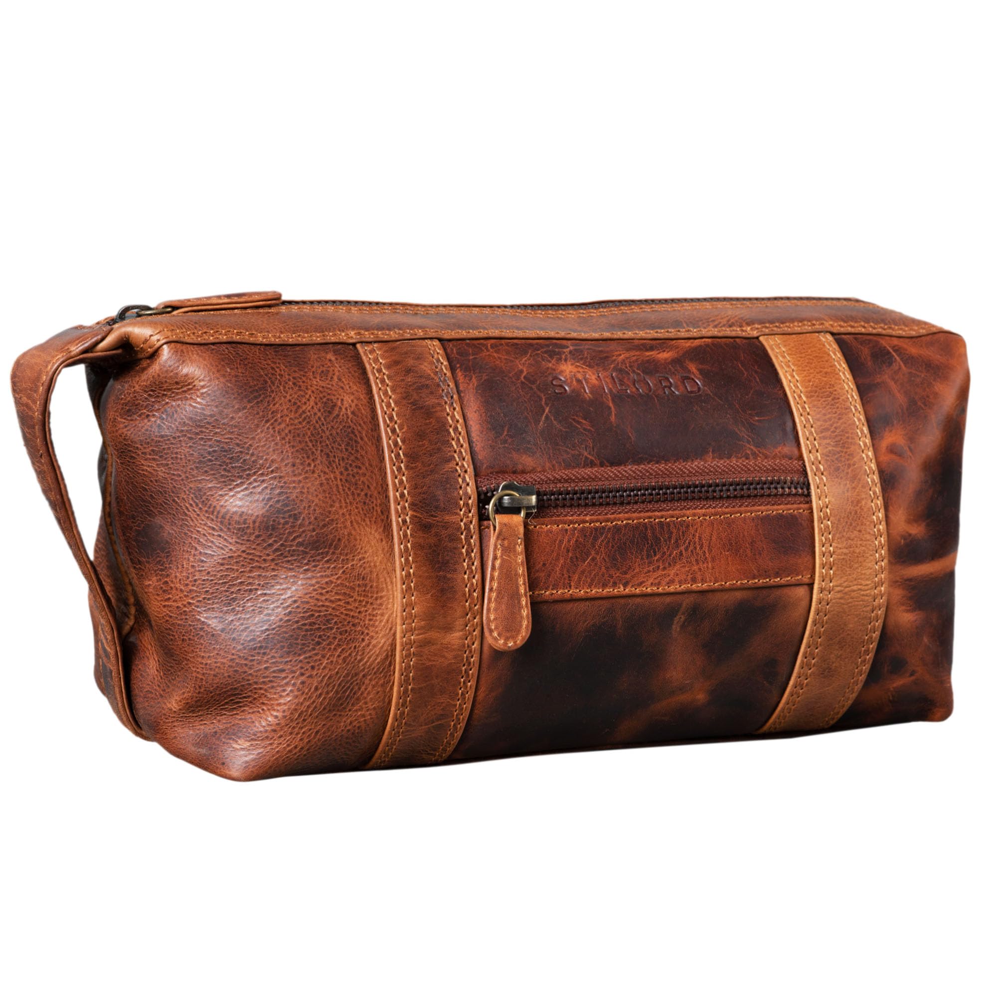 STILORD "Bruno" Men's Wash Bag Vintage Leather Travel Toilet Bag Toilet Kit with Wrist Strap 2 Compartments Overnight Wash Gym Bag Colour:Kara - Cognac