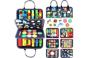 Qizfun Busy Board Montessori Toy for Toddlers, Educational Sensory Learning Toy for Fine Motor Skills, Preschool Travel Toy for Airplane & Car, Gifts for Boys and Girls (Blue/P4)