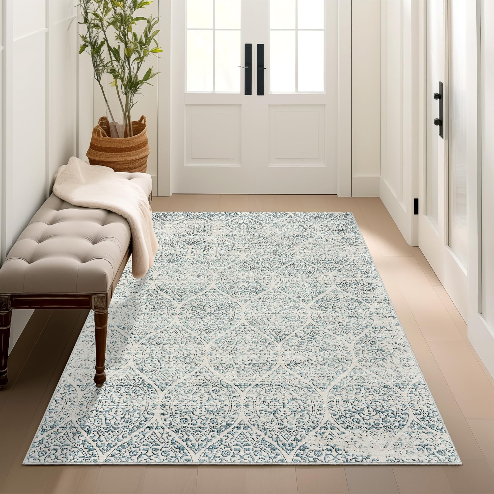 Photo 1 of 3x5 Rug, Small Area Rug for Kitchen, Entryway, Machine Washable Non-Slip Throw Rug, Floral Dorm Rug Entryway Vintage Carpet for Nursery Coffee Table Light Blue