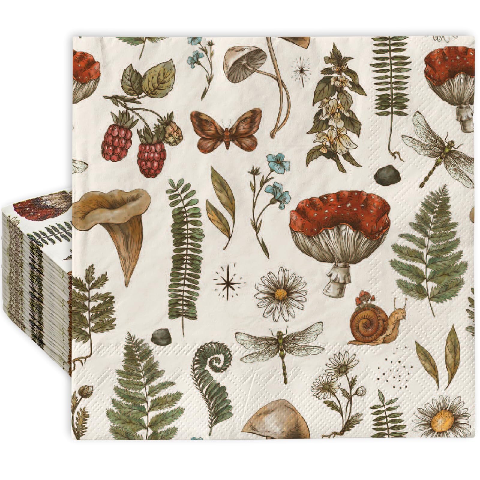 Photo 1 of AnyDesign 80Pcs Vintage Mushroom Paper Napkins Disposable Mushroom Plants Luncheon Napkins Retro Style Dessert Dinner Hand Napkin for Autumn Birthday Wedding Party Supplies, 6.5 x 6.5 Inch