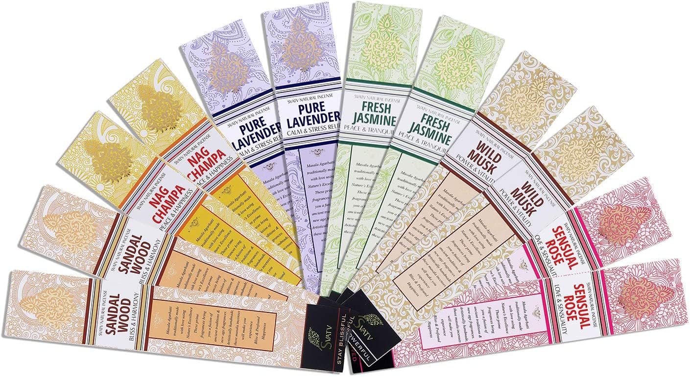 SVATV Natural Hand rolled Ancient Incense Stick with Pack of 12 Incense (Nagchampa, Sandalwood, Lavender, Rose, Musk, Jasmine) for Meditation, Yoga, Spiritual, Aromatherapy - 15g x 12 | 180g