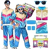 Forfamy 80s Tracksuit Costume Men Women, 90s Retro Hip-Hop Costume Jacket Shell Windbreaker Sportswear Party Dress Sweatband