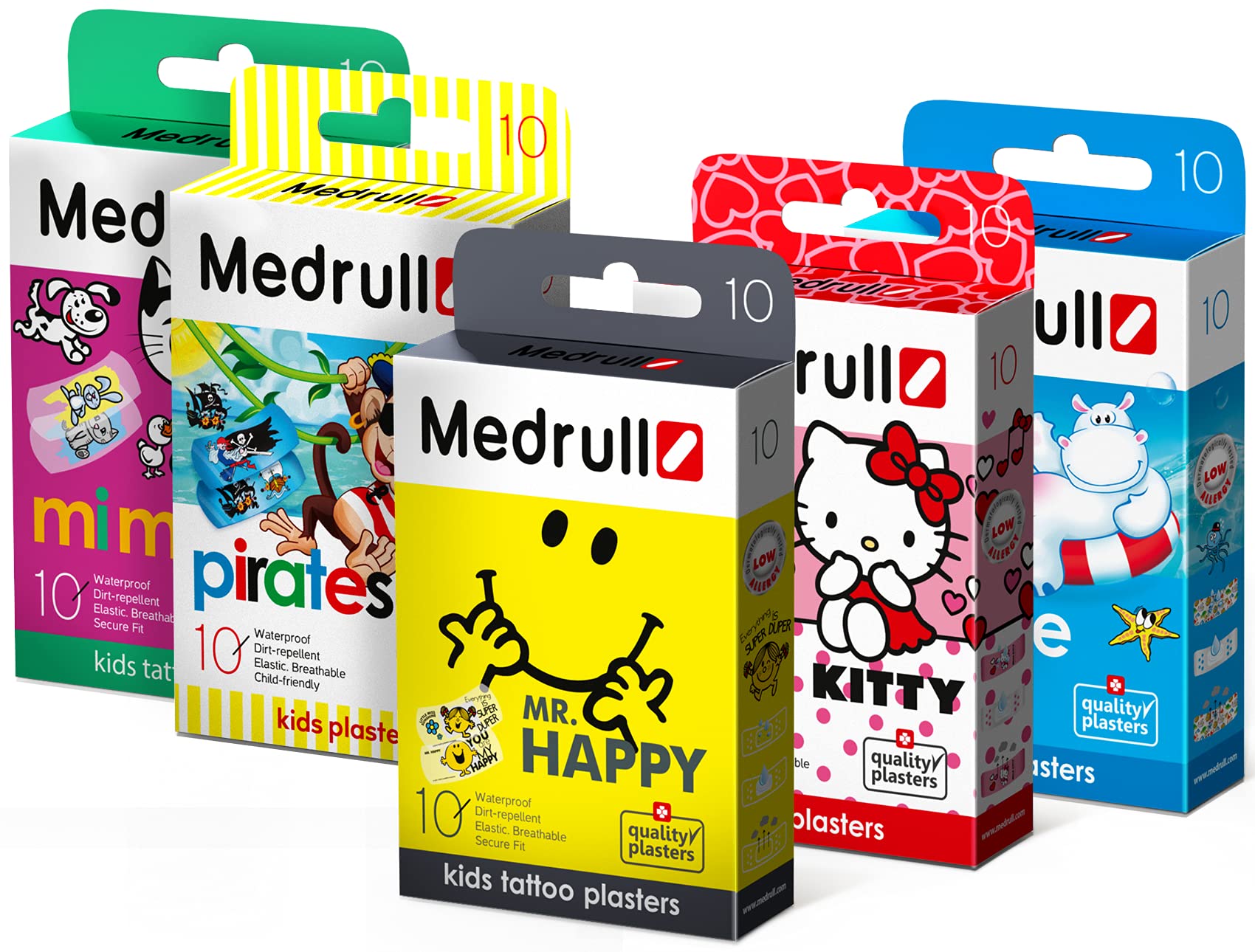Medrull Waterproof Kids Tattoo Plasters | First Aid Set: 5 Boxes (5x10) | Special Colorful and Funny Design: Hello Kitty, Mr Happy, Animal Prints, Marine and Pitrates