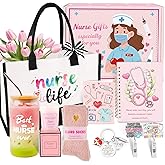 Nurse Gifts for Women, RN Nurse Practitioner Gift Baskets for Christmas Birthday Nurses Week Graduation | Bulk Appreciation Stuff with Canvas Tote Bag, Notebook, 16 Oz Glass Bottle, Badge Reel