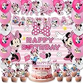 42pcs Minnie Party Supplies Pack Includes，Banner，Cake Topper，Blackdrop,Balloons for Minnie party decoration