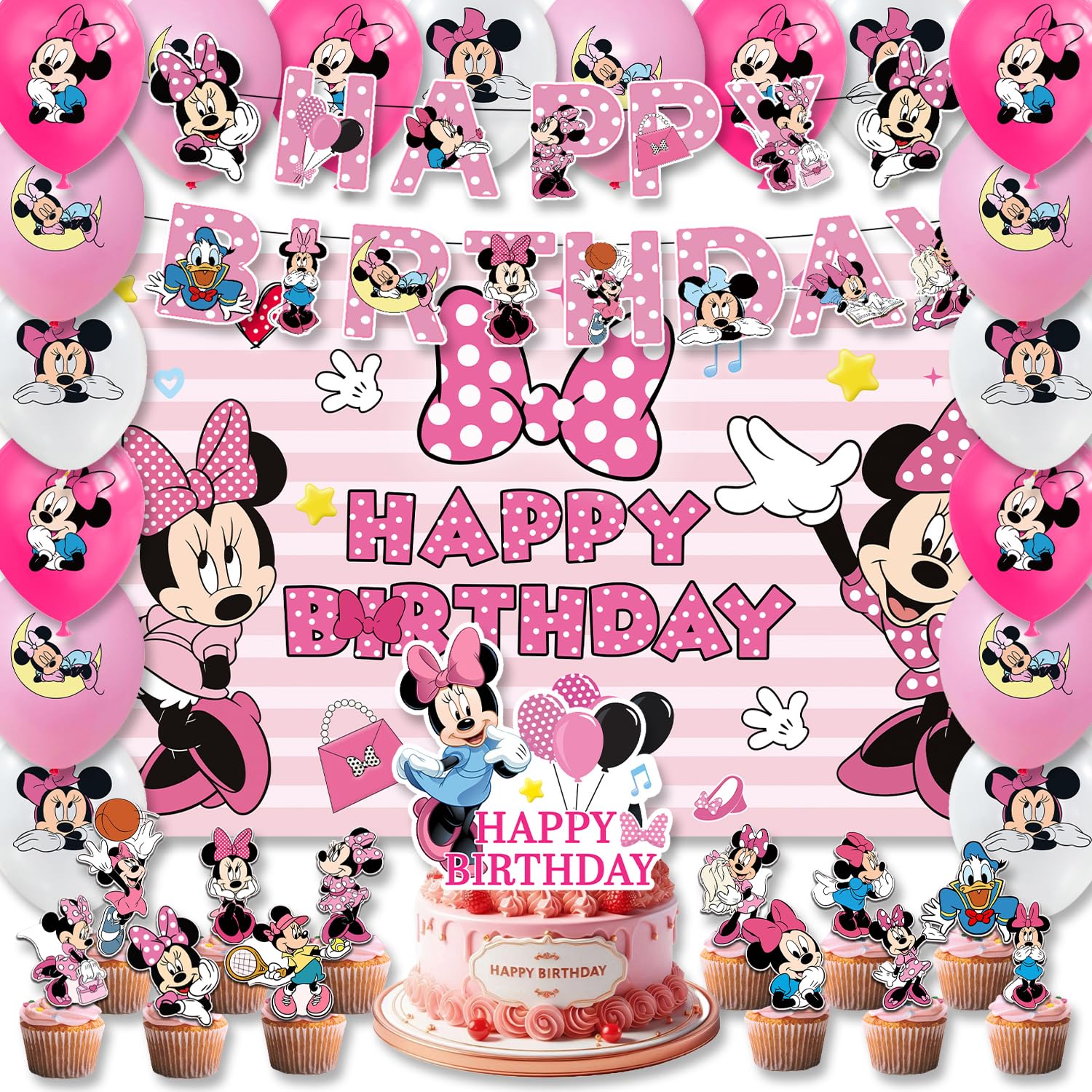 Photo 1 of 42pcs Minnie Party Supplies Pack Includes?Banner?Cake Topper?Blackdrop,Balloons for Minnie party decoration