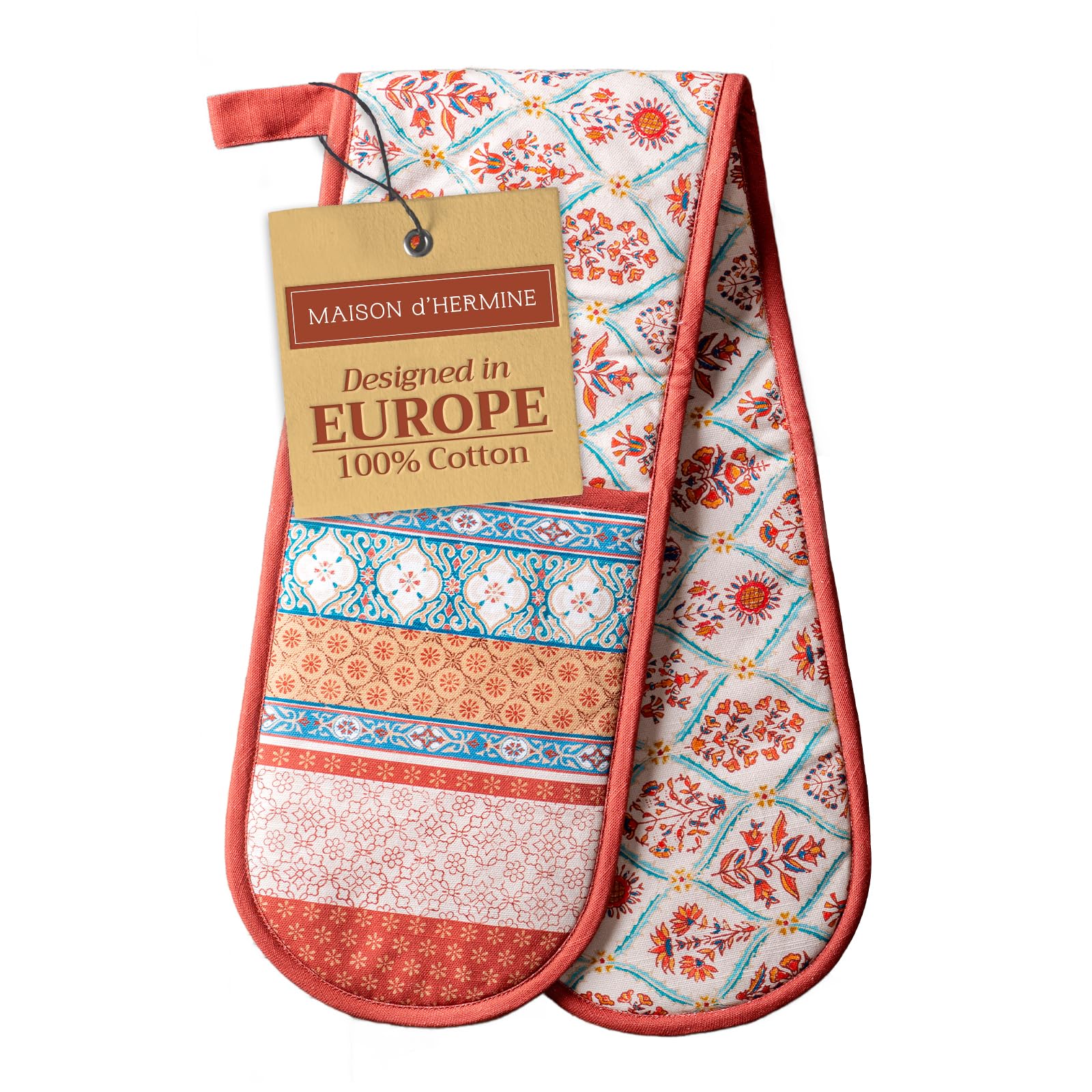 Maison d' Hermine Double Oven Mitt (18 cm x 89 cm) 100% Cotton Heat Resistant BBQ Cooking Gloves with Loop for Christmas Decorations Baking Cooking Barbeque Handling Hot Pan (Romane)