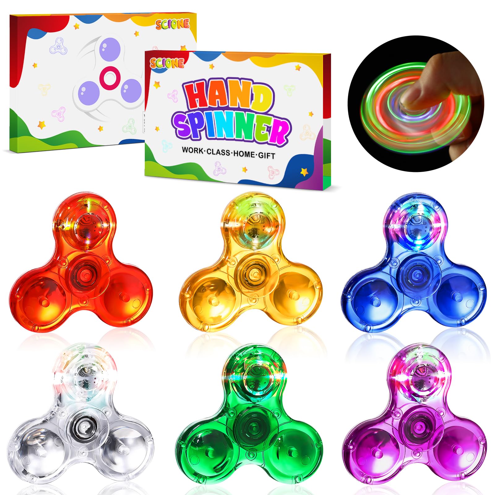 SCIONE 6PCS Mini Crystal LED Light Fidget Spinner for 3-8 Kids, 2.24inch LED Light up Fidget Toys for Kids,Glow in The Dark Party Supplies for Pass the Parcel Prizes Party Bag Fillers