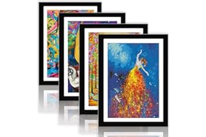 Betionol Diamond Painting Frames Set of 4, Display 12x16in/30x40cm Diamond Painting Kits or Photos, Black Natural Solid Wood Picture Frame with Acrylic Protection Glass, Back Mat And Hanging Kit