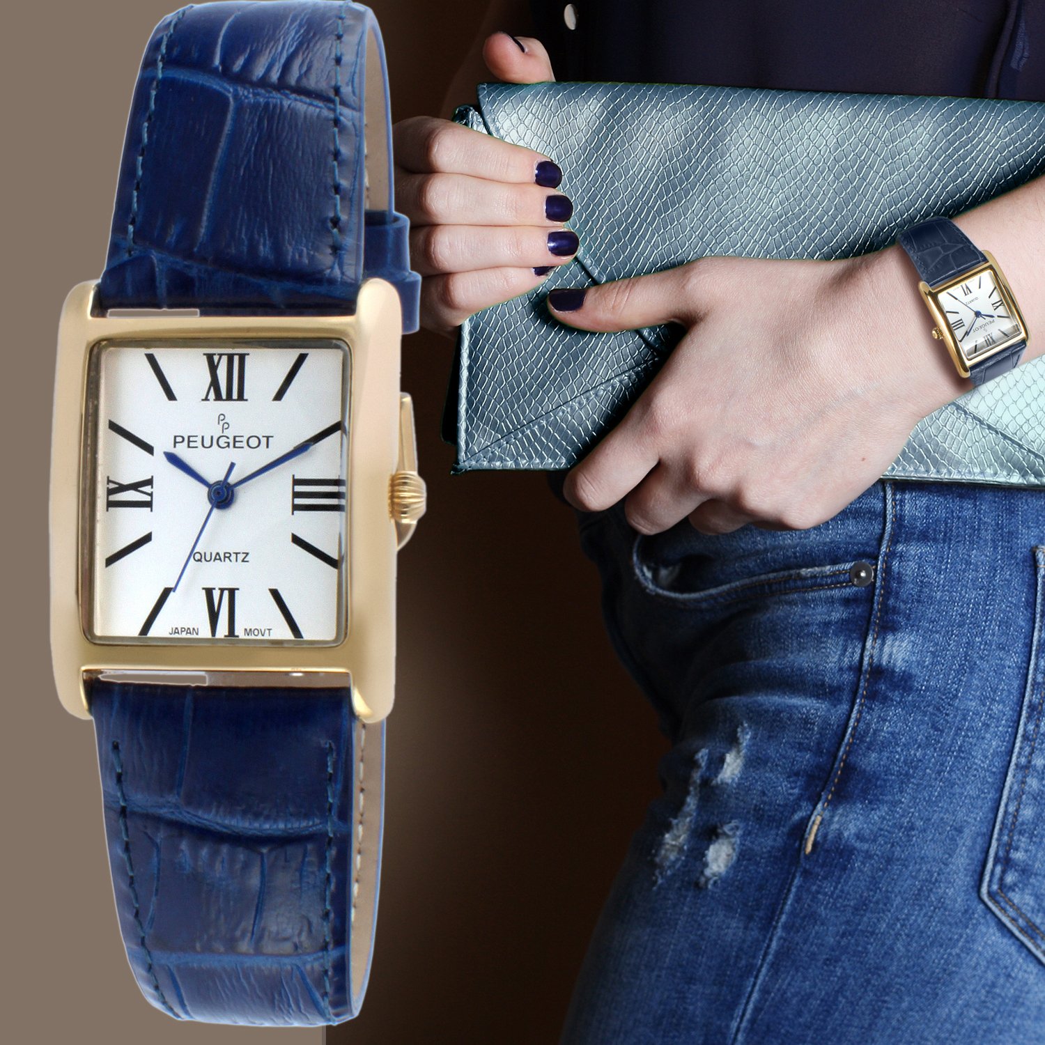 chinese dress ladies Peugeot Women's 14K Gold-Plated 32mm Tank Shape Black Leather Strap Watch