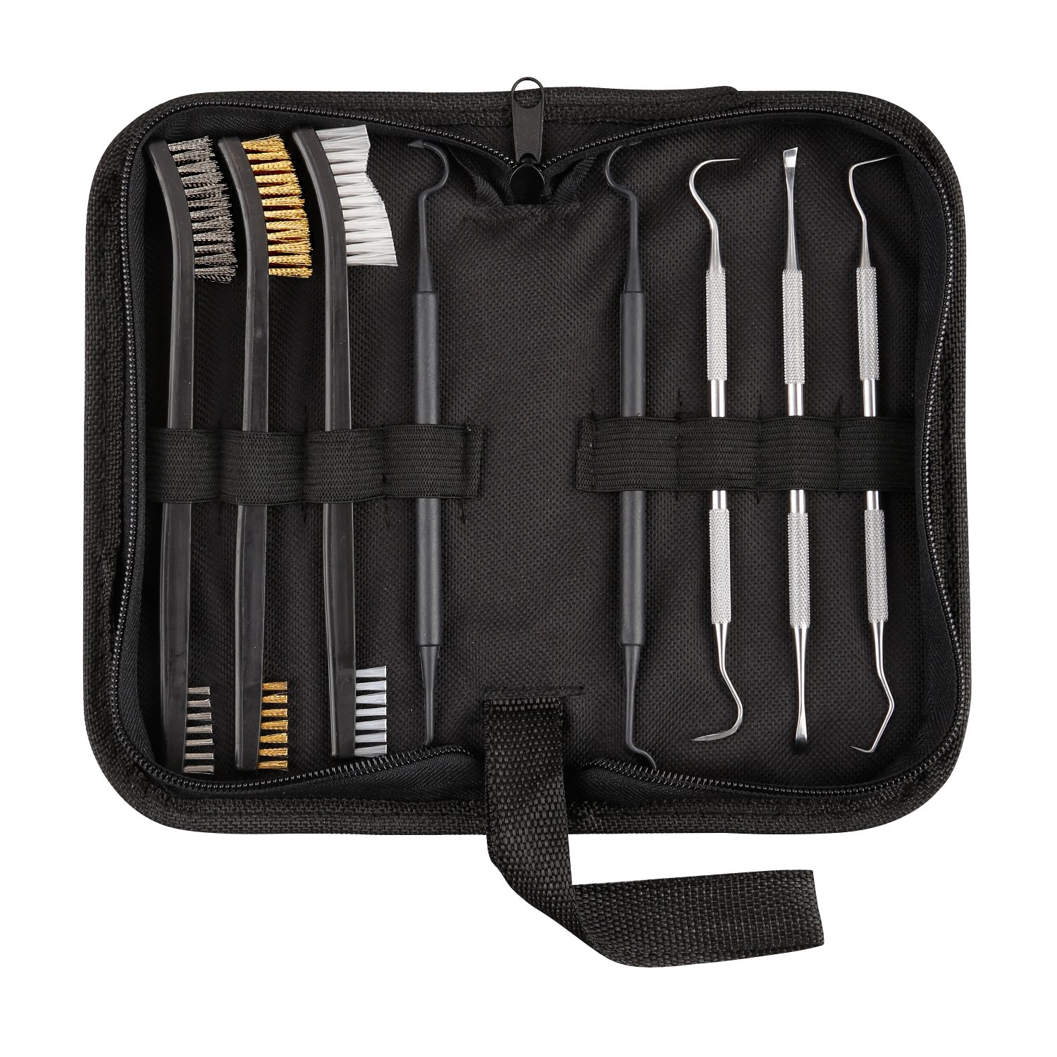 Tough Tactical Tools Gun Cleaning Set, Double Ended Nylon/Brass/Steel Gun Brush, 3 Steel Gun Picks and 2 Polymer Picks for Pistol, Rifle and other Firearms