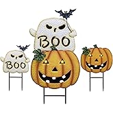 TERESA'S COLLECTIONS Outdoor Halloween Decor Ghost Pumpkin Yard Stake | Stacked Ghost Jack-o'-Lantern Solar Stake for Halloween Decorations Outdoor, Yard Lawn Garden Pathway Decor,Large