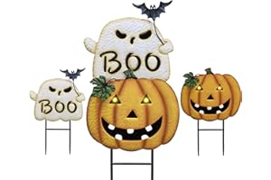 TERESA'S COLLECTIONS Metal Halloween Yard Stakes, Halloween Decorations for Outdoor with Ghost Pumpkins Solar Light, Stacked Jack-o-Lantern Garde Stakes Decor for Pathway Patio Party, 25"