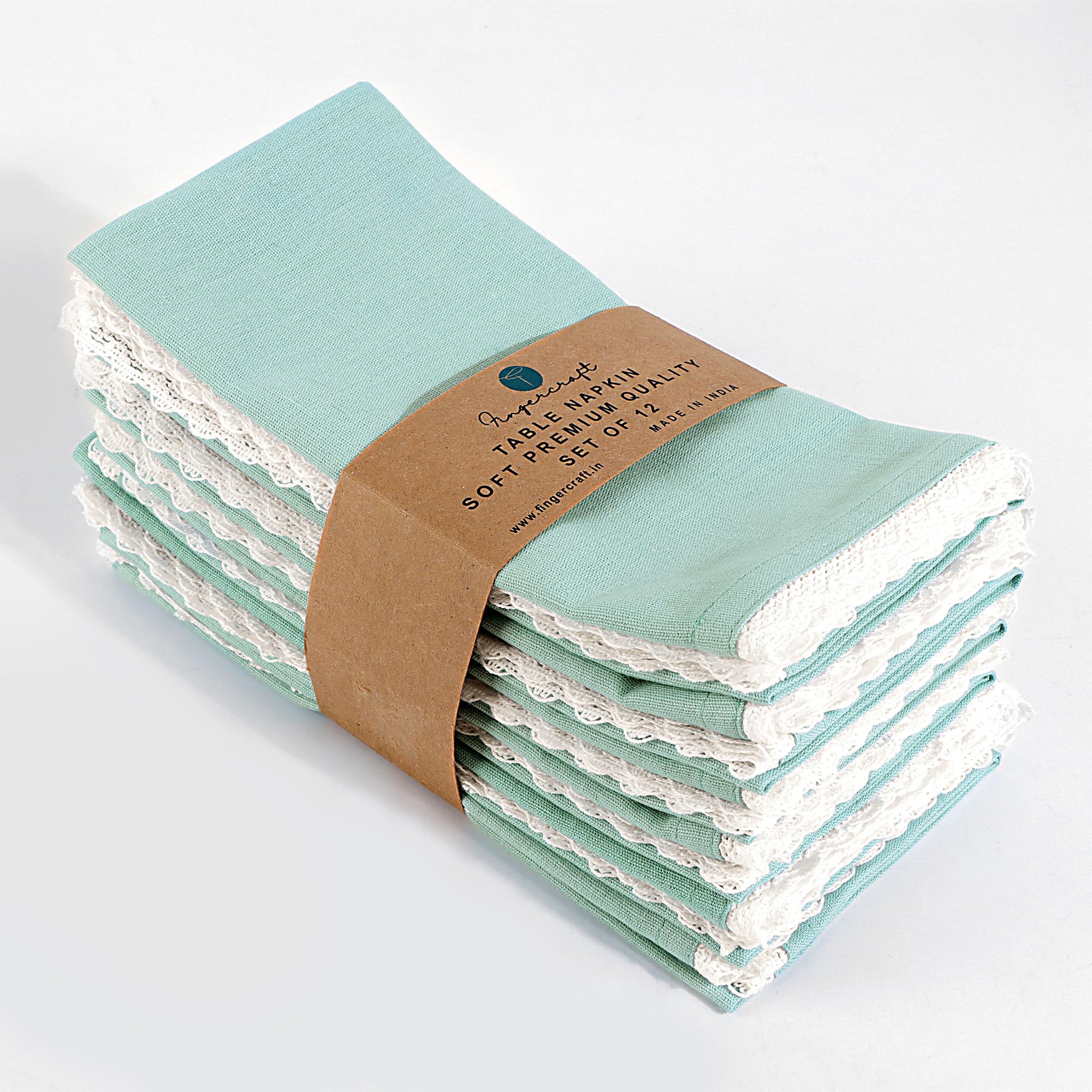 Fingercraft Dinner Cloth Napkin Cotton Linen Blend 12 Pack Mitered Corners with Elegant Lace for Everyday Use Napkins are Pre Shrunk and Good Absorbency Aqua