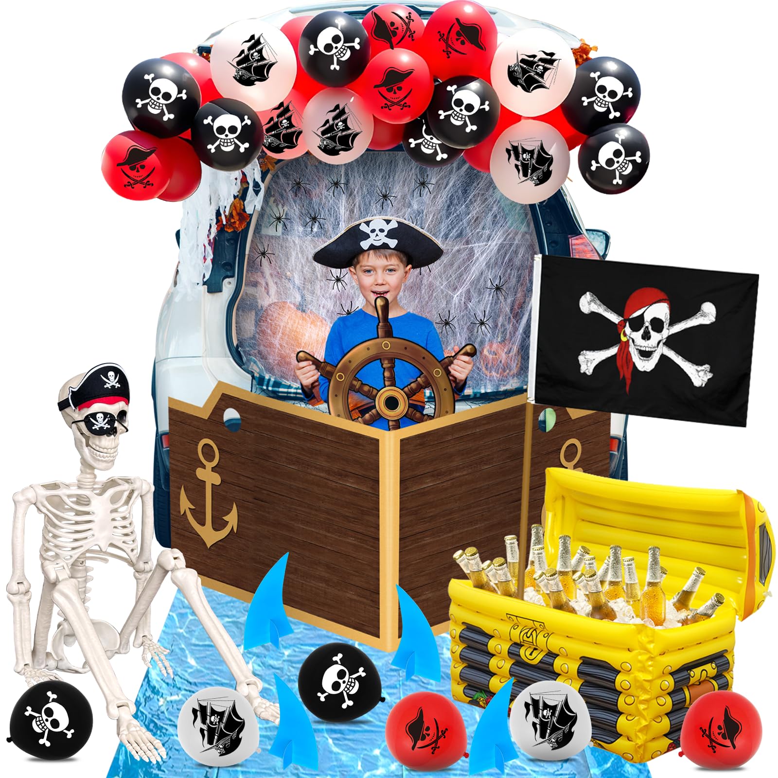 Photo 1 of 27 Pcs Halloween Pirate Trunk or Treat Car Decorations Kit Include Skeleton Hat Blindfold Flag Spider Web Treasure Box Ship Plank Steering Wheel Seawater Shark Decor Balloons for Outdoor SUV Garage
