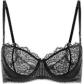 DOBREVA Women's Sexy Lace Push Up Plus Size Bra Sheer Balconette Underwire Unlined