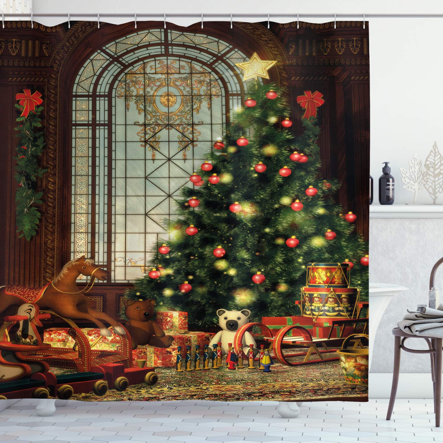 ABAKUHAUS Christmas Shower Curtain, Vintage Ambiance Big Old Fashioned Window Xmas Tree Various Presents, Cloth Fabric Bathroom Decor Set with Hooks, 78 Inches, Brown Red Green