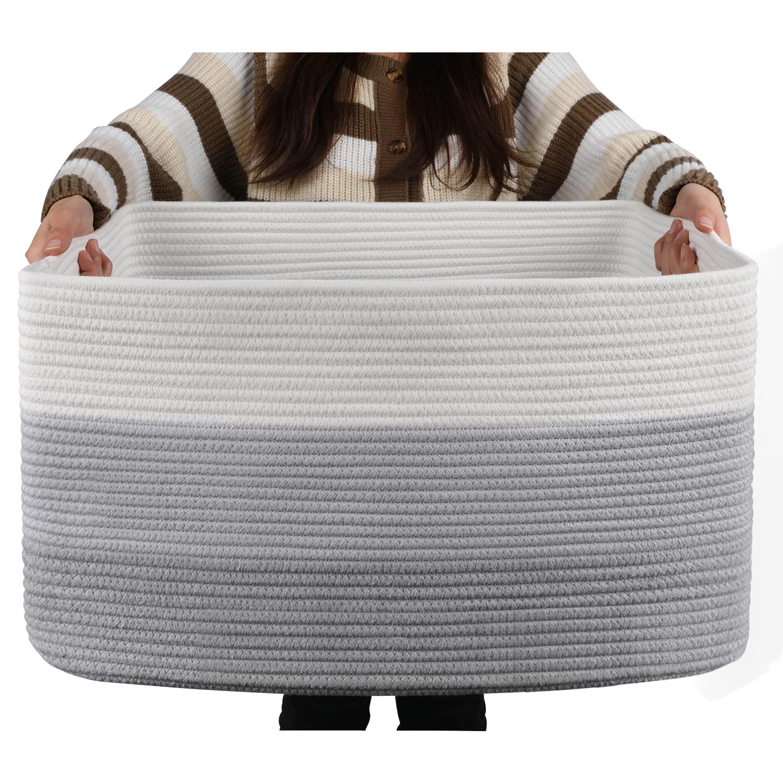 Photo 1 of OIAHOMY Large Blanket Basket, 22”x17”x12” Rectangle Woven Baskets, Nursery Blanket Storage Living Room, Toy Storage With Handle, Large Baskets for Organizing-Gradient Grey