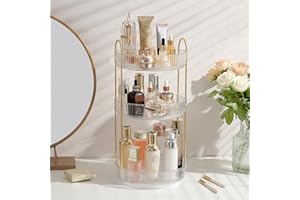 Aveniee Rotating Makeup Organizer for Vanity, 3 Tier Perfume Skincare Organizers and Storage for Bathroom Countertop, Clear Spinning Counter Cosmetic Holder for Dresser,White